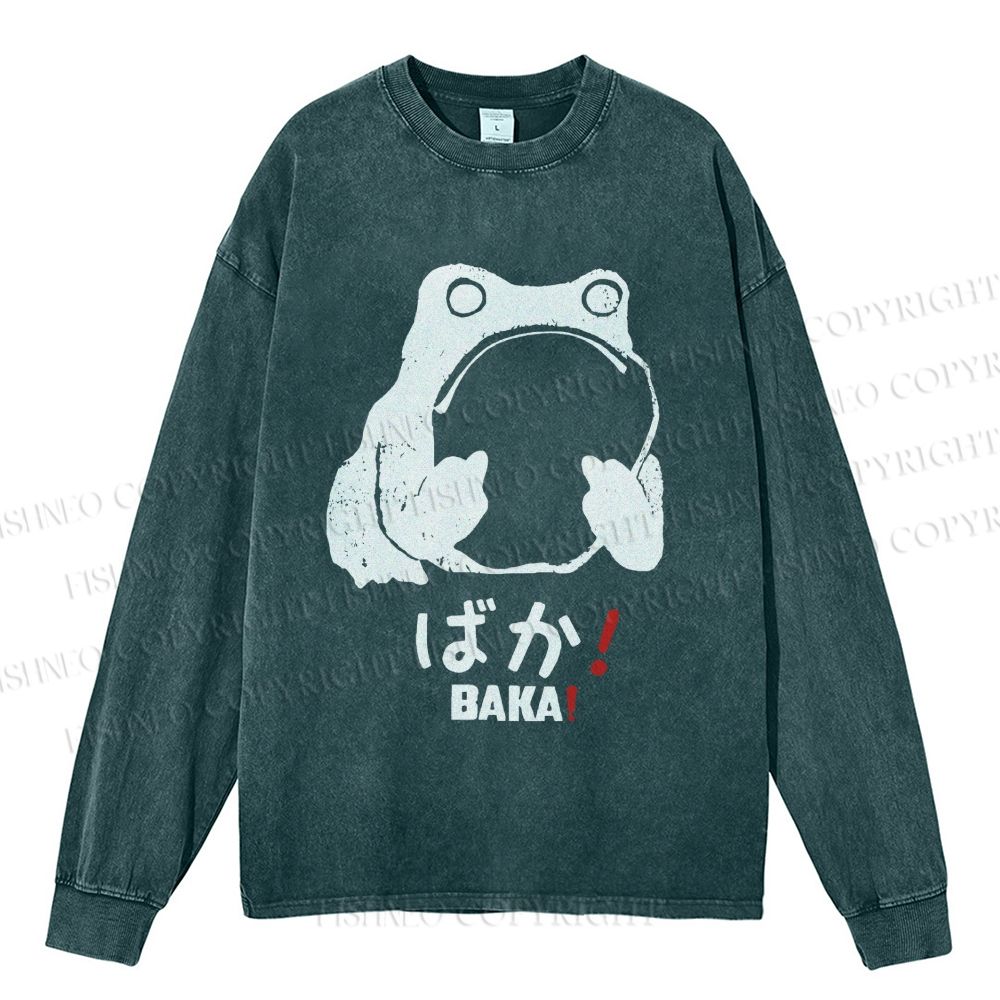 Unisex Stupid Frog Vintage Casual Washed Printed Long Sleeve T-shirt