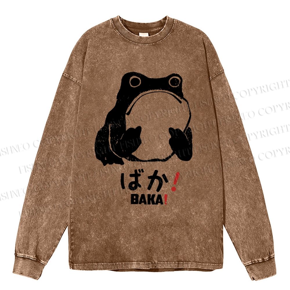 Unisex Stupid Frog Vintage Casual Washed Printed Long Sleeve T-shirt