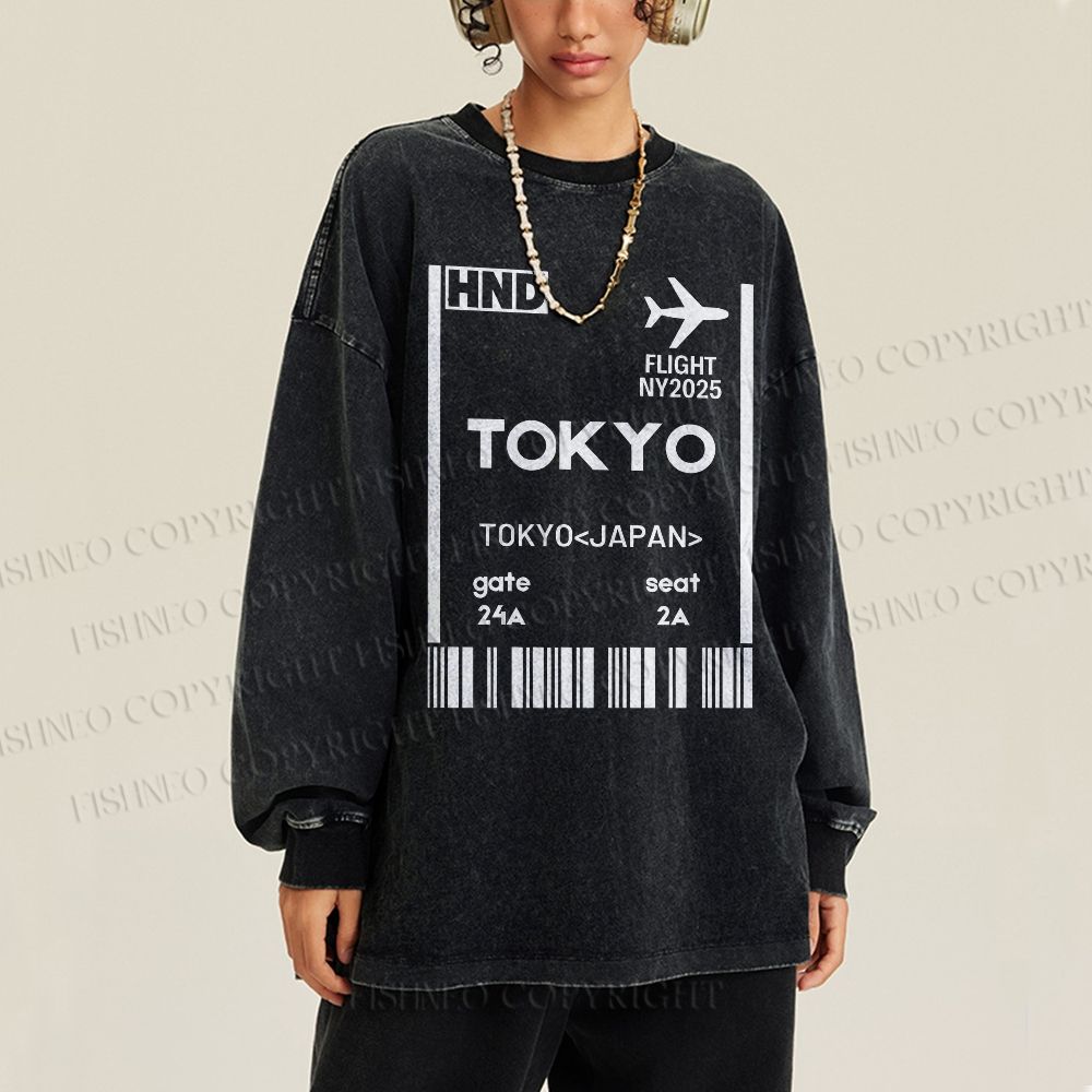 Unisex Tokyo Boarding Card Vintage Casual Washed Printed Long Sleeve T-shirt