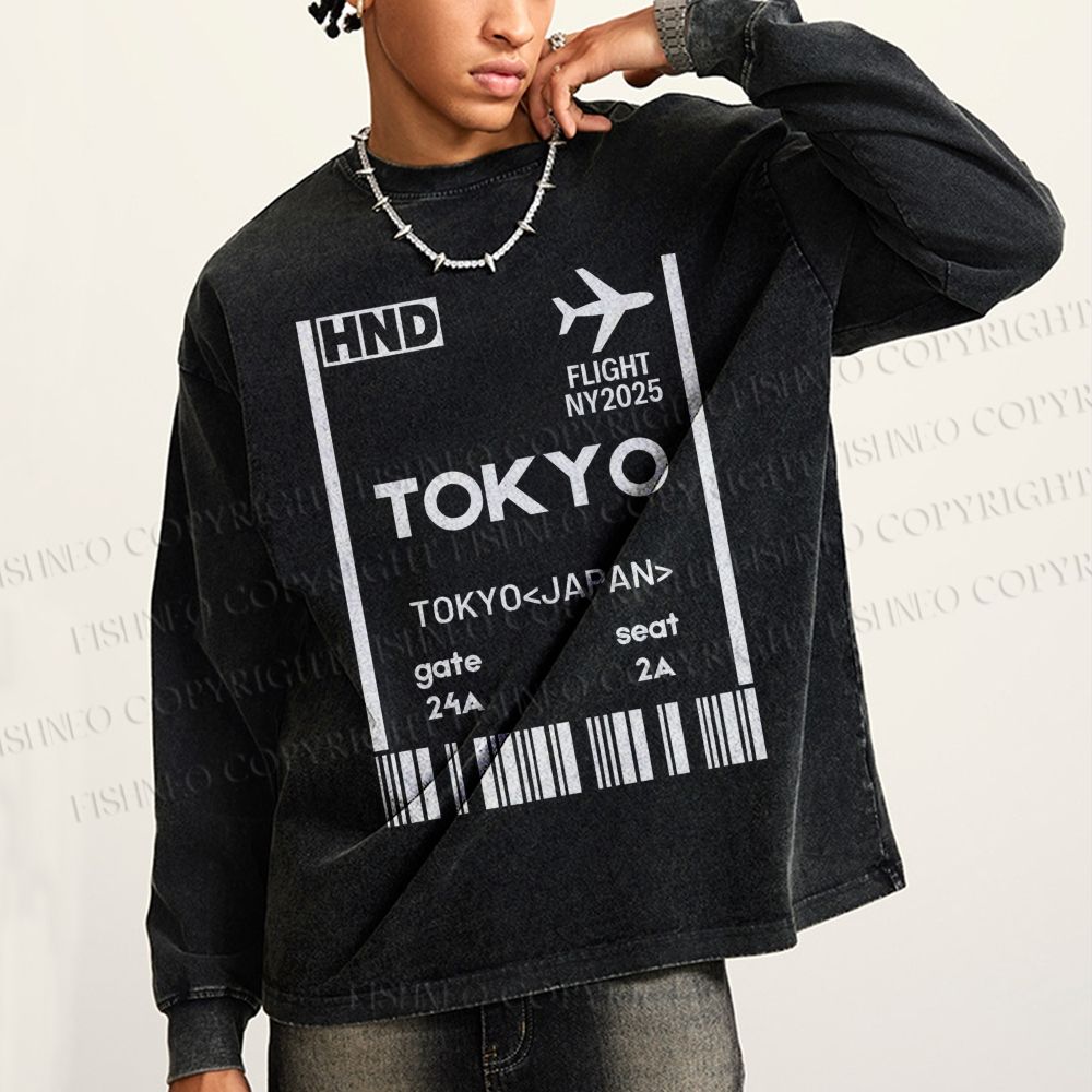 Unisex Tokyo Boarding Card Vintage Casual Washed Printed Long Sleeve T-shirt