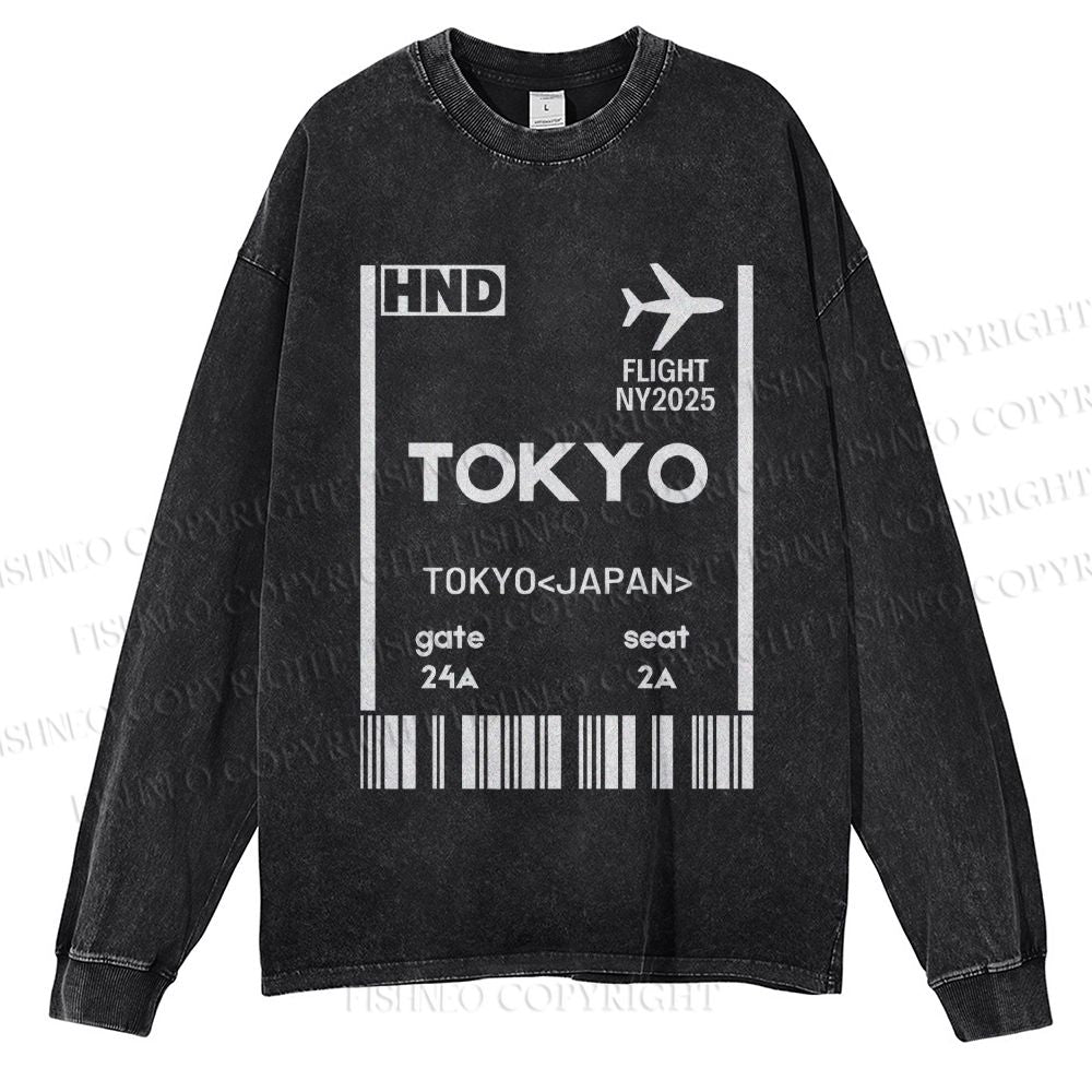 Unisex Tokyo Boarding Card Vintage Casual Washed Printed Long Sleeve T-shirt