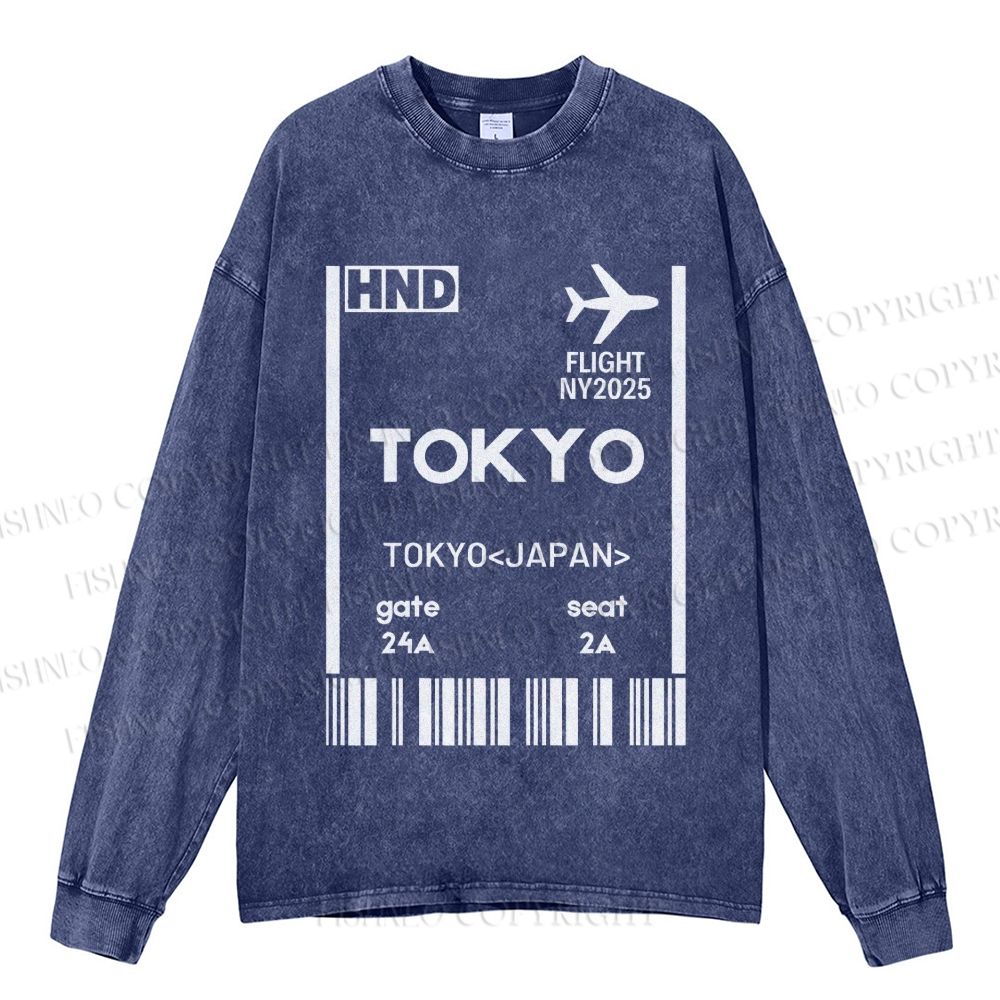 Unisex Tokyo Boarding Card Vintage Casual Washed Printed Long Sleeve T-shirt