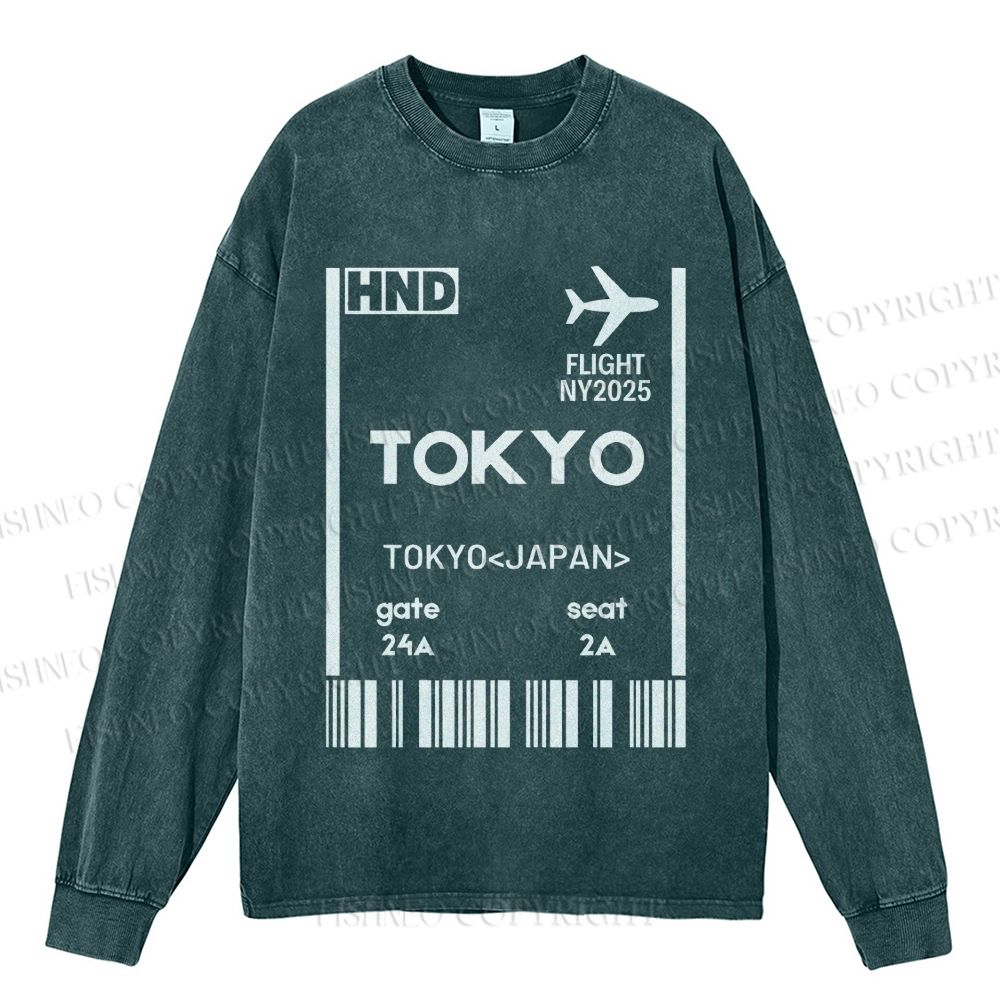 Unisex Tokyo Boarding Card Vintage Casual Washed Printed Long Sleeve T-shirt