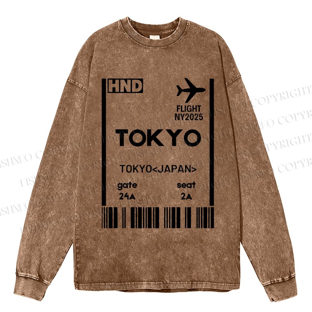 Unisex Tokyo Boarding Card Vintage Casual Washed Printed Long Sleeve T-shirt