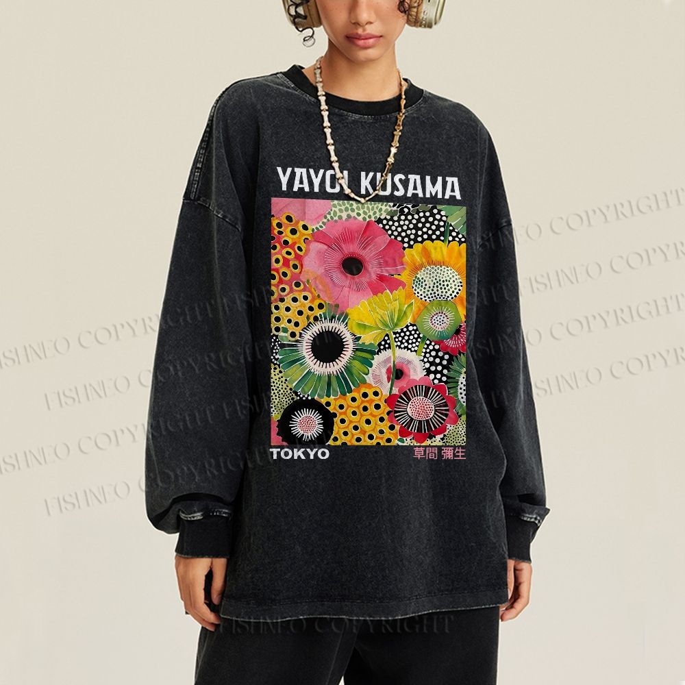 Unisex Flowers Yayoi Kusama Casual Washed Printed Long Sleeve T-shirt
