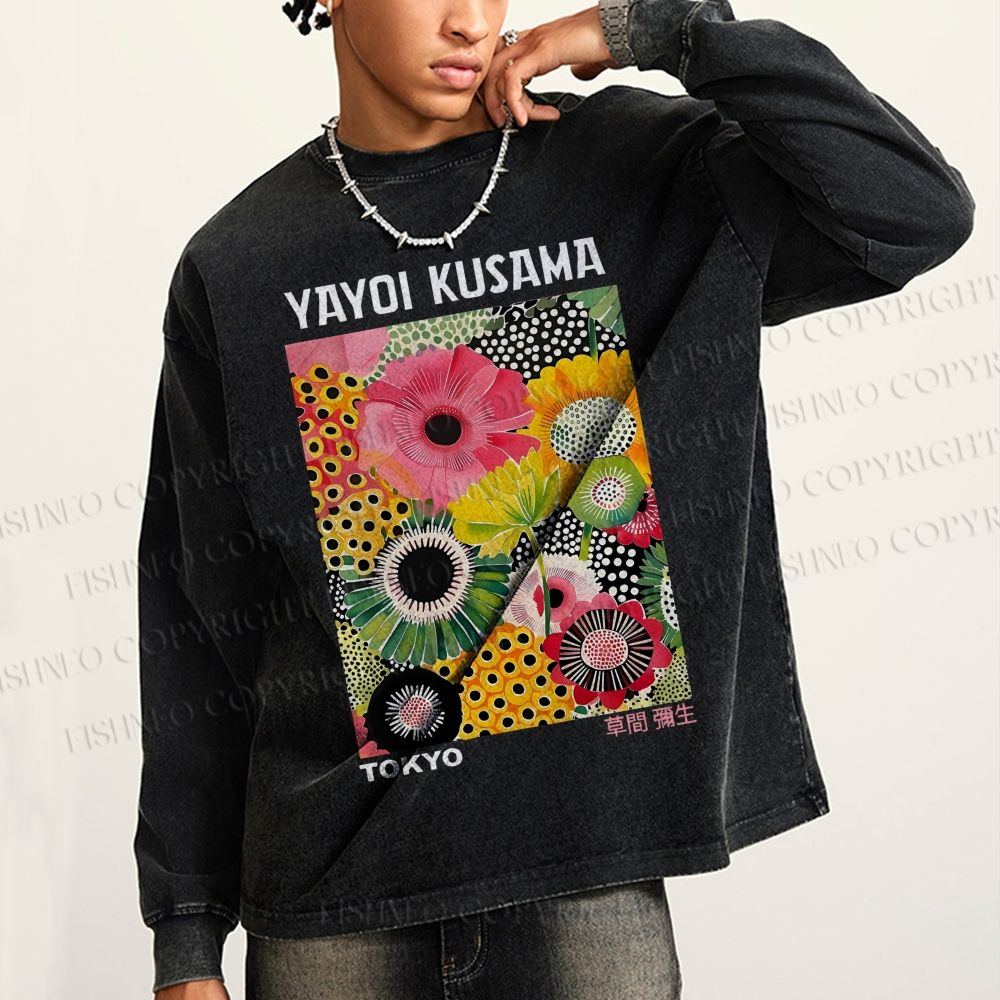 Unisex Flowers Yayoi Kusama Casual Washed Printed Long Sleeve T-shirt
