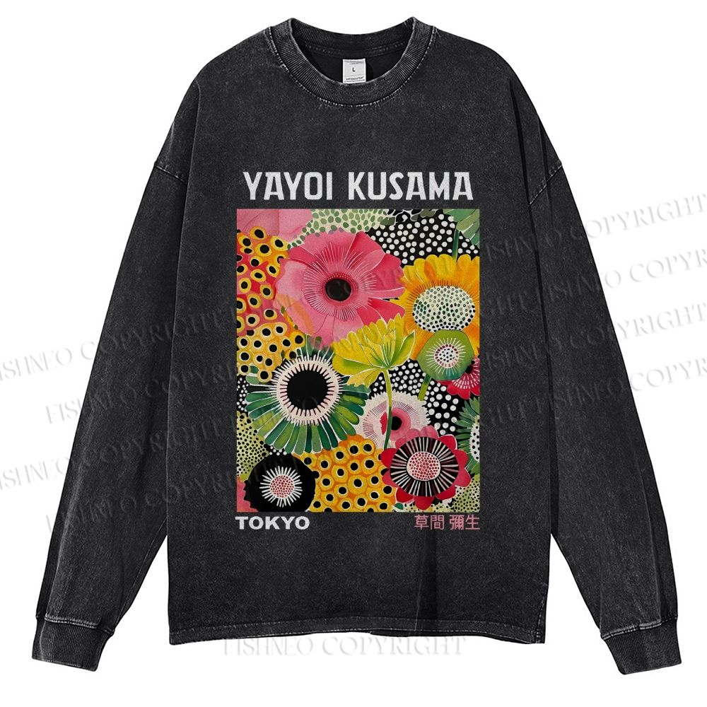 Unisex Flowers Yayoi Kusama Casual Washed Printed Long Sleeve T-shirt