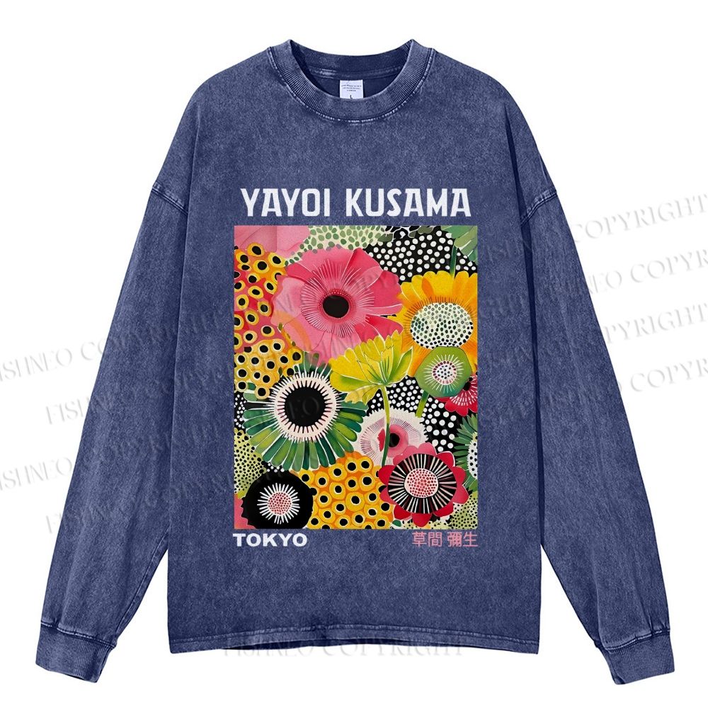 Unisex Flowers Yayoi Kusama Casual Washed Printed Long Sleeve T-shirt