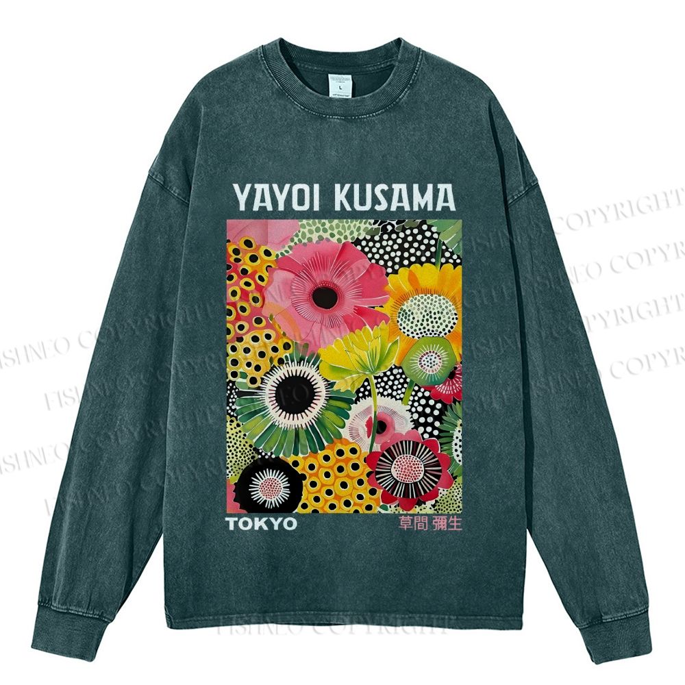 Unisex Flowers Yayoi Kusama Casual Washed Printed Long Sleeve T-shirt