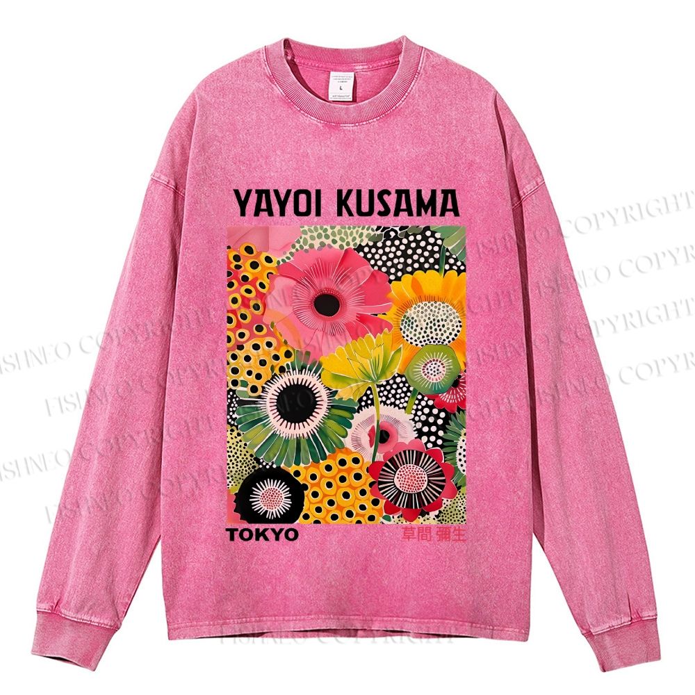 Unisex Flowers Yayoi Kusama Casual Washed Printed Long Sleeve T-shirt