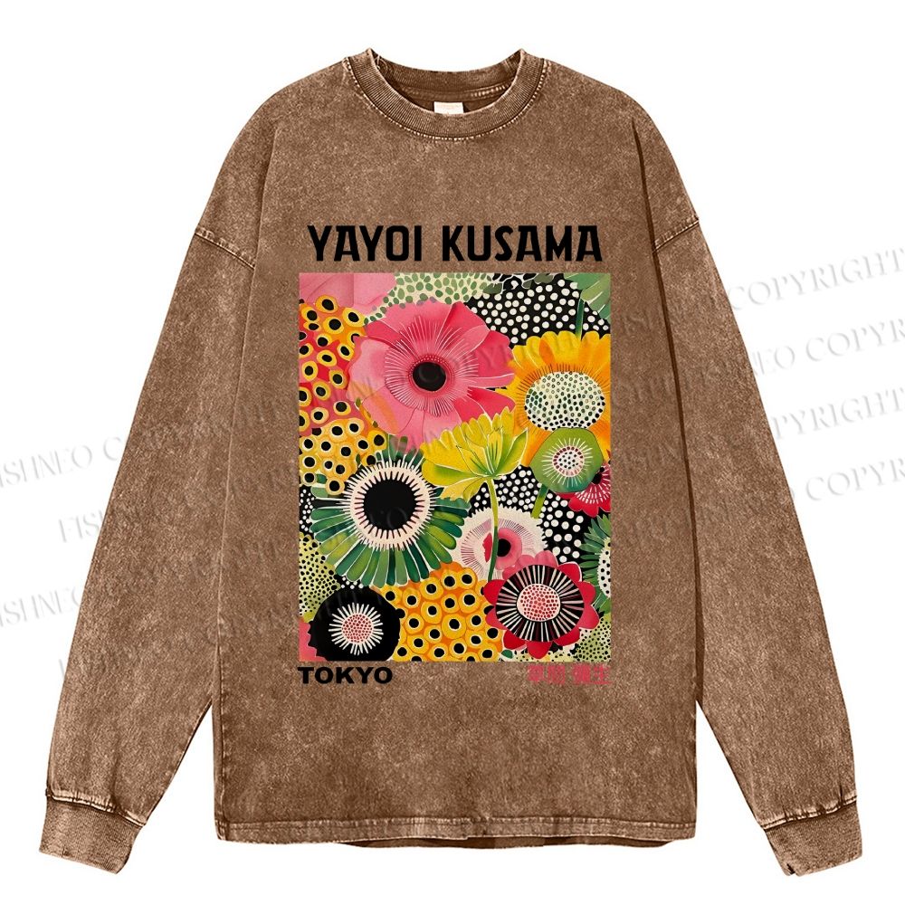 Unisex Flowers Yayoi Kusama Casual Washed Printed Long Sleeve T-shirt