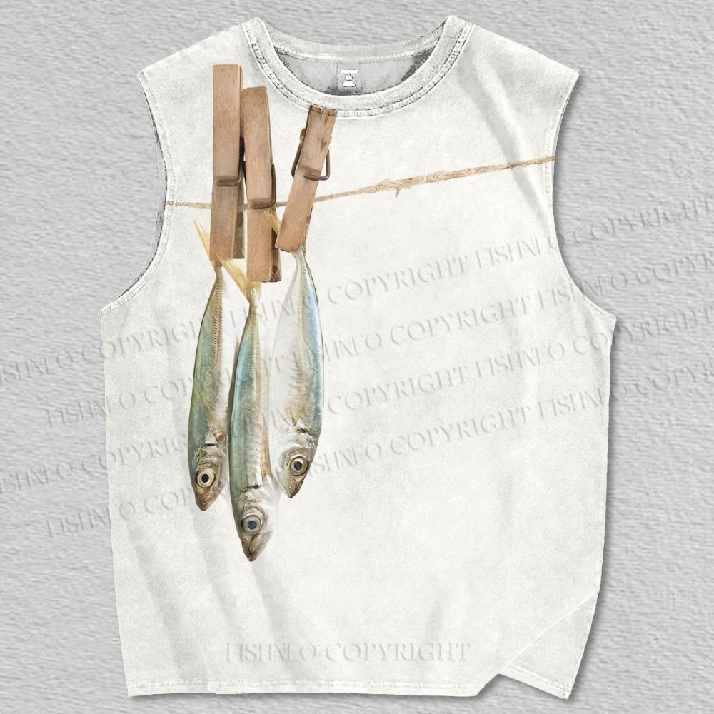 Unisex Vintage Sardine Fish Hanging Printed Tank Top