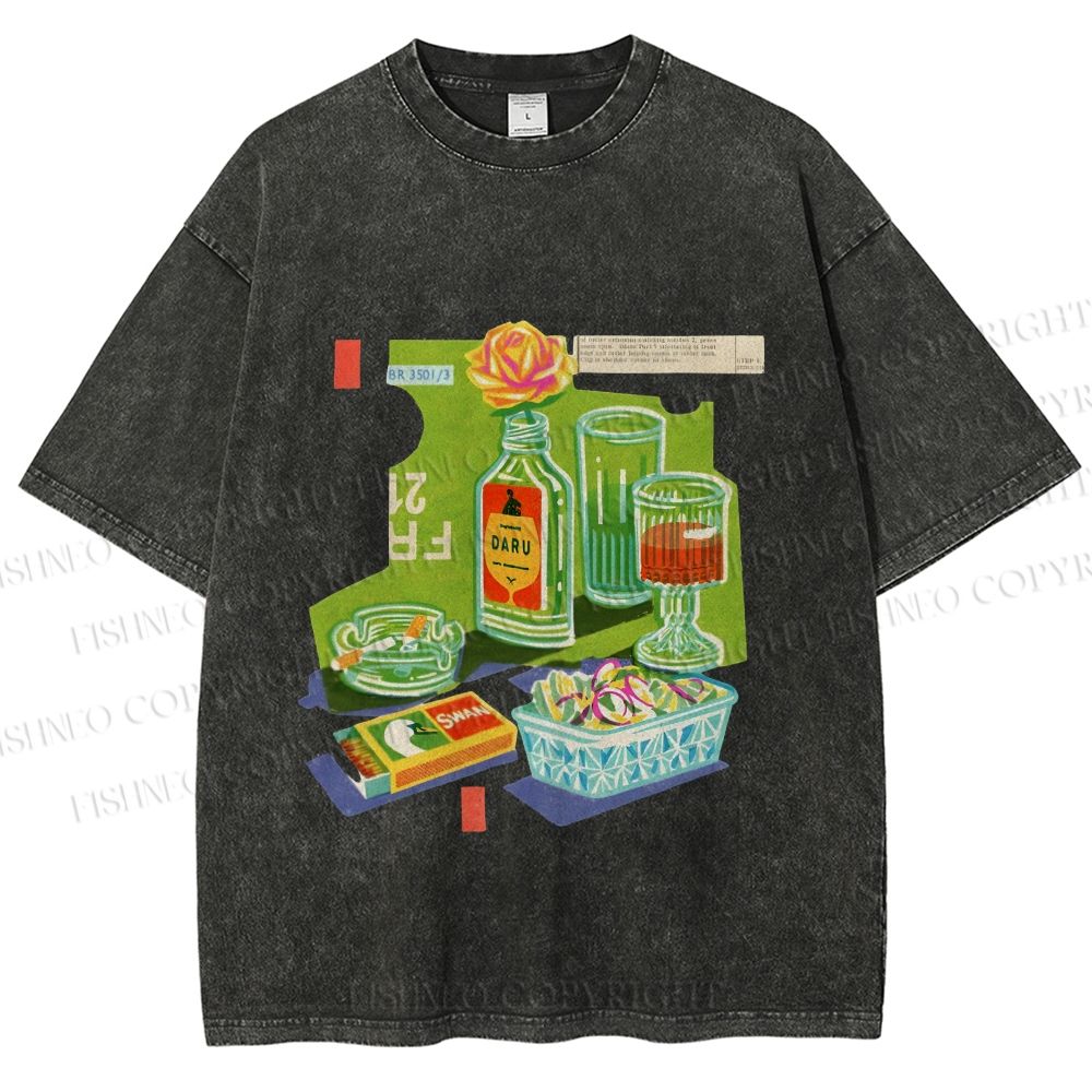 Unisex Vintage Drink Table Printed Washed Tee