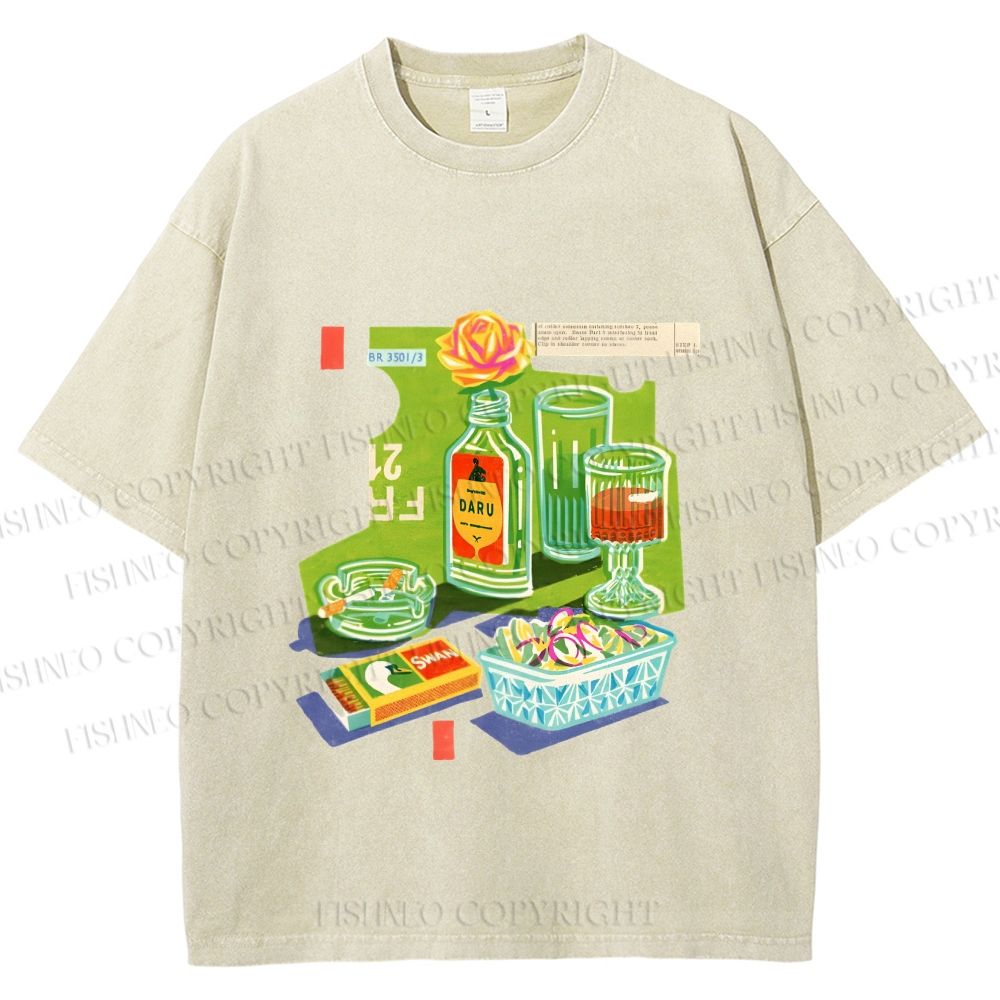 Unisex Vintage Drink Table Printed Washed Tee