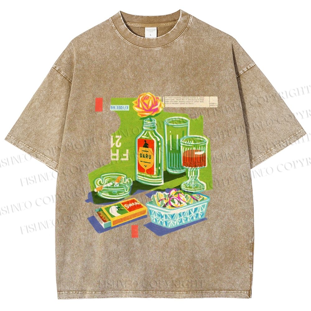 Unisex Vintage Drink Table Printed Washed Tee