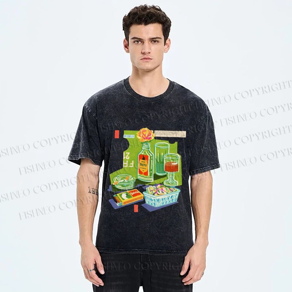 Unisex Vintage Drink Table Printed Washed Tee