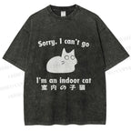 Unisex Japanese Funny Cat I Can not Go Printed Washed Tee