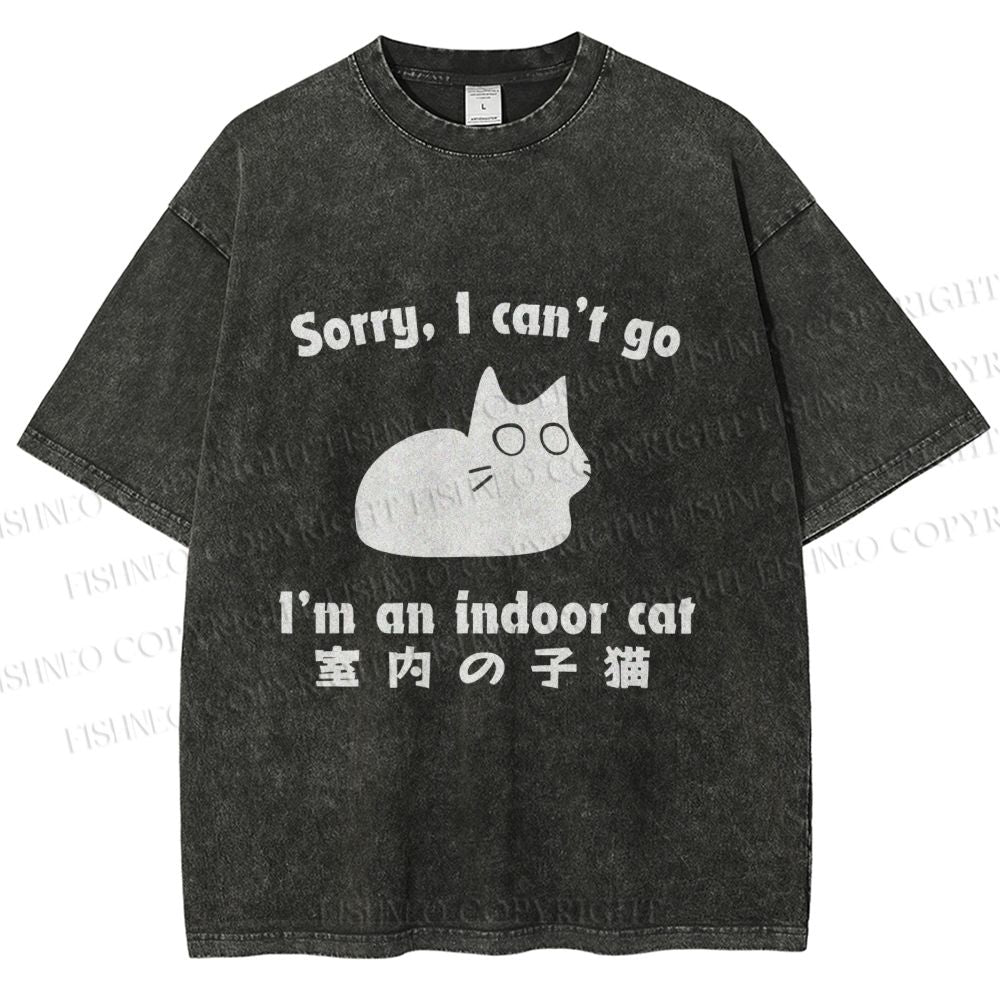 Unisex Japanese Funny Cat I Can not Go Printed Washed Tee