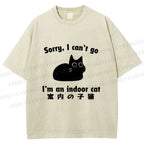 Unisex Japanese Funny Cat I Can not Go Printed Washed Tee