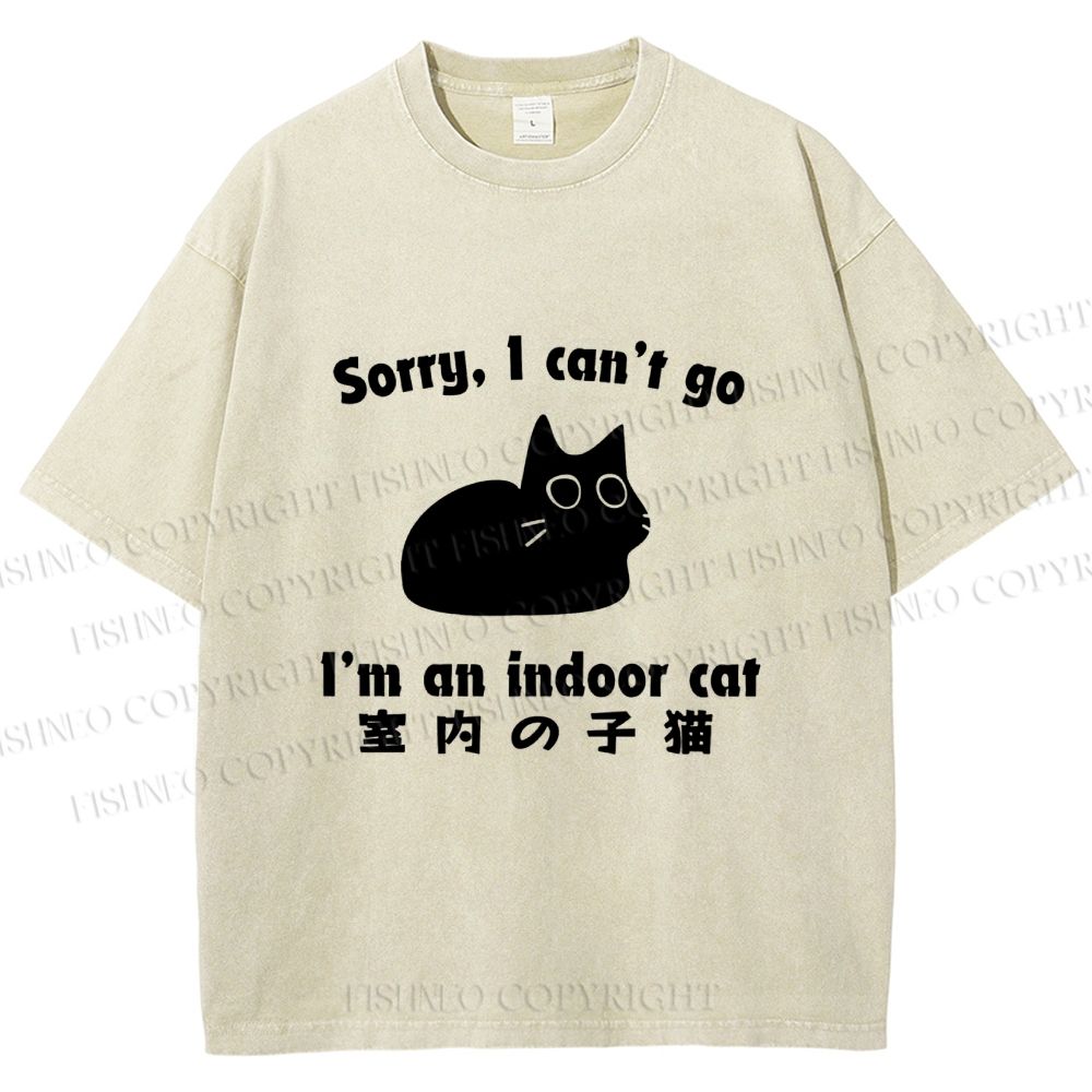 Unisex Japanese Funny Cat I Can not Go Printed Washed Tee