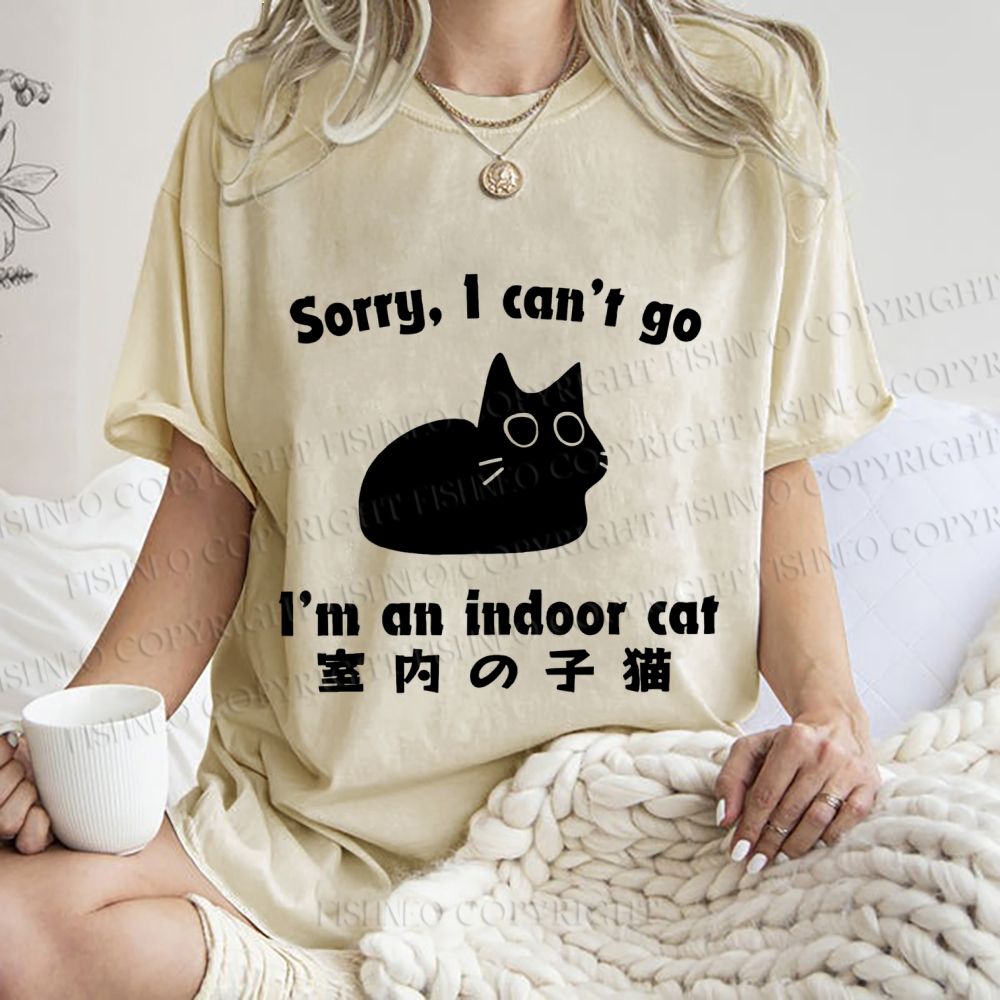 Unisex Japanese Funny Cat I Can not Go Printed Washed Tee
