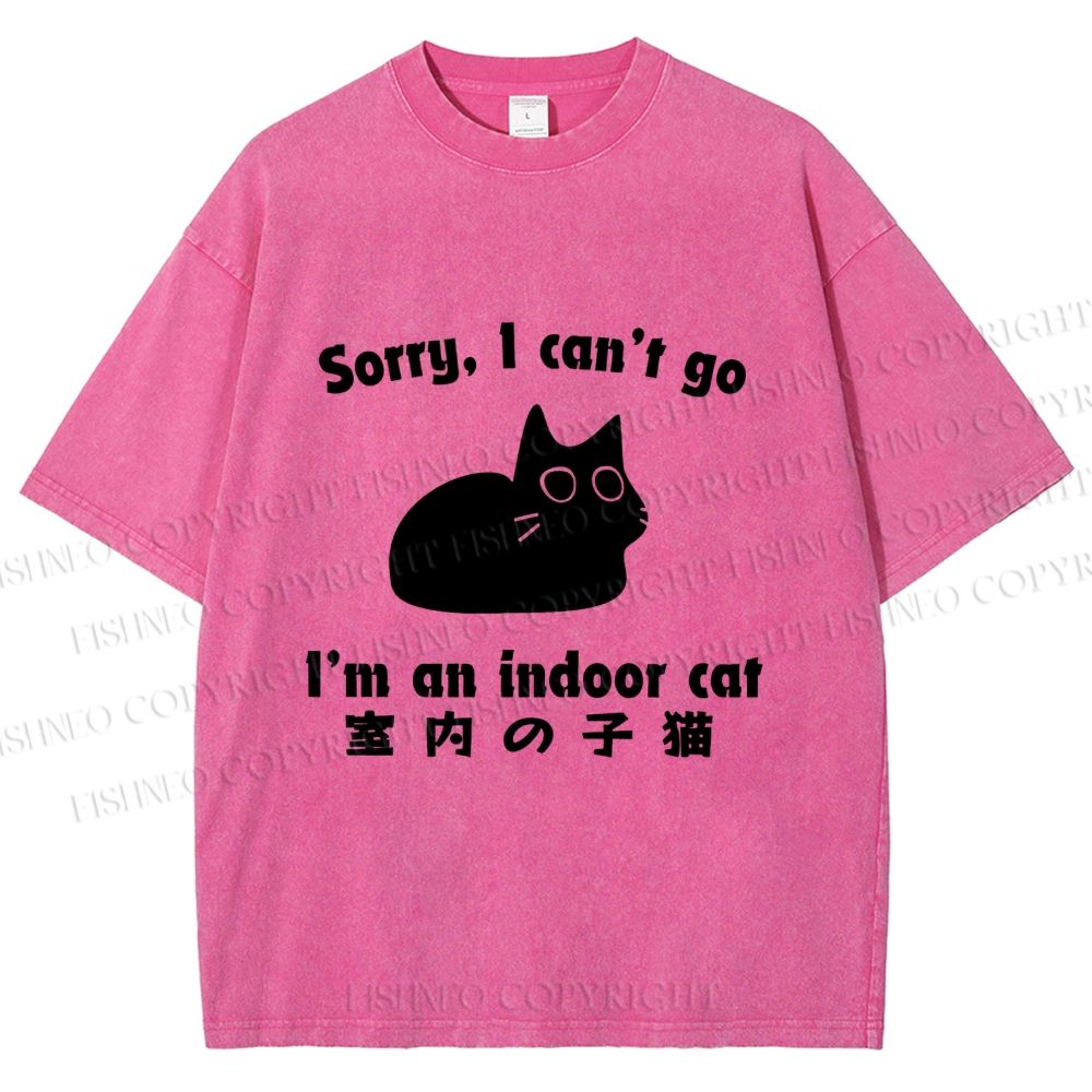 Unisex Japanese Funny Cat I Can not Go Printed Washed Tee