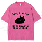Unisex Japanese Funny Cat I Can not Go Printed Washed Tee