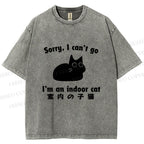 Unisex Japanese Funny Cat I Can not Go Printed Washed Tee