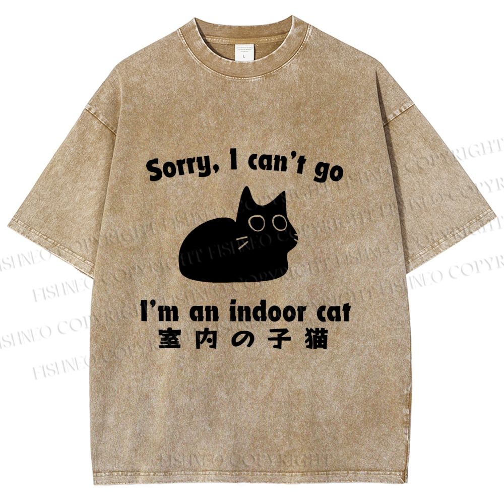 Unisex Japanese Funny Cat I Can not Go Printed Washed Tee