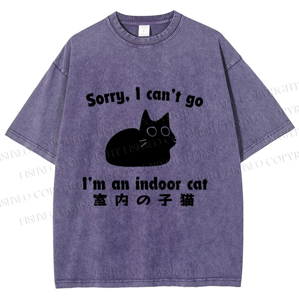 Unisex Japanese Funny Cat I Can not Go Printed Washed Tee