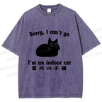 Unisex Japanese Funny Cat I Can not Go Printed Washed Tee
