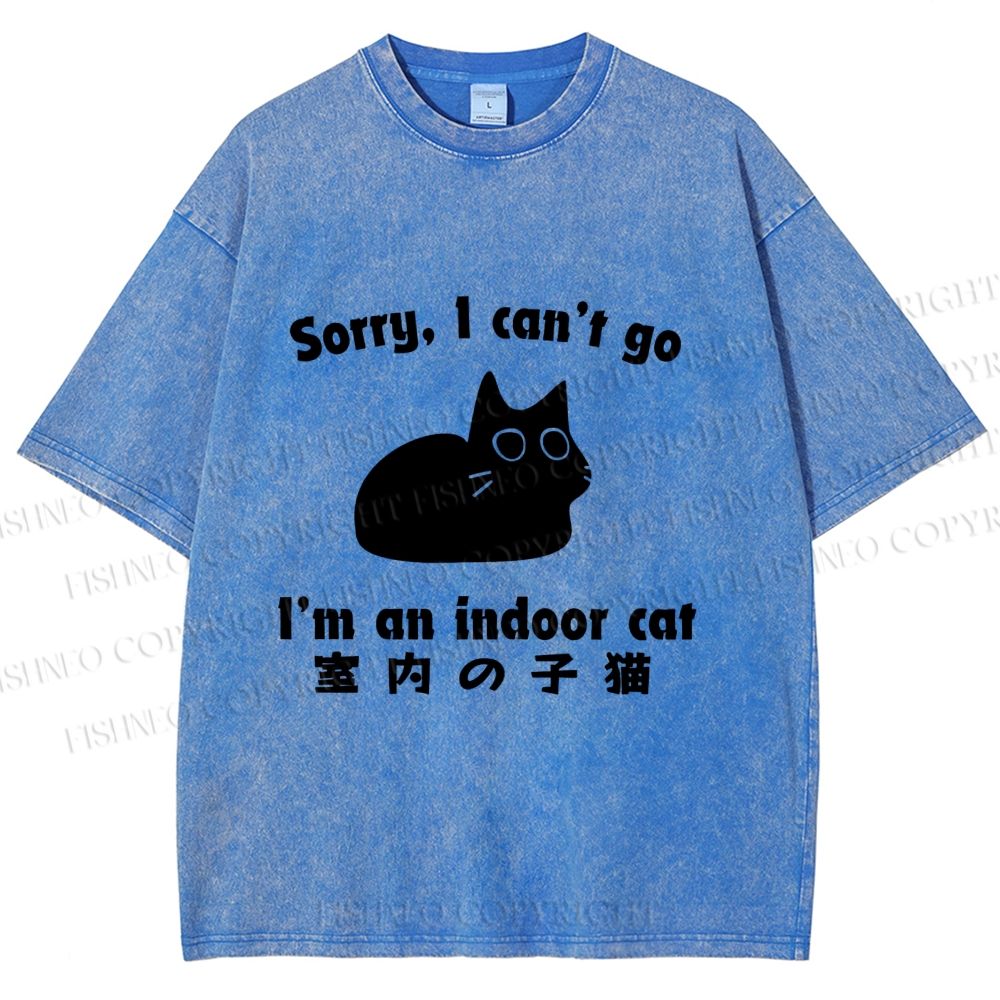 Unisex Japanese Funny Cat I Can not Go Printed Washed Tee