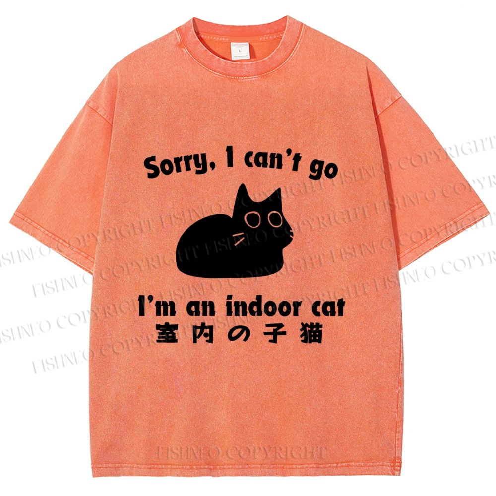Unisex Japanese Funny Cat I Can not Go Printed Washed Tee