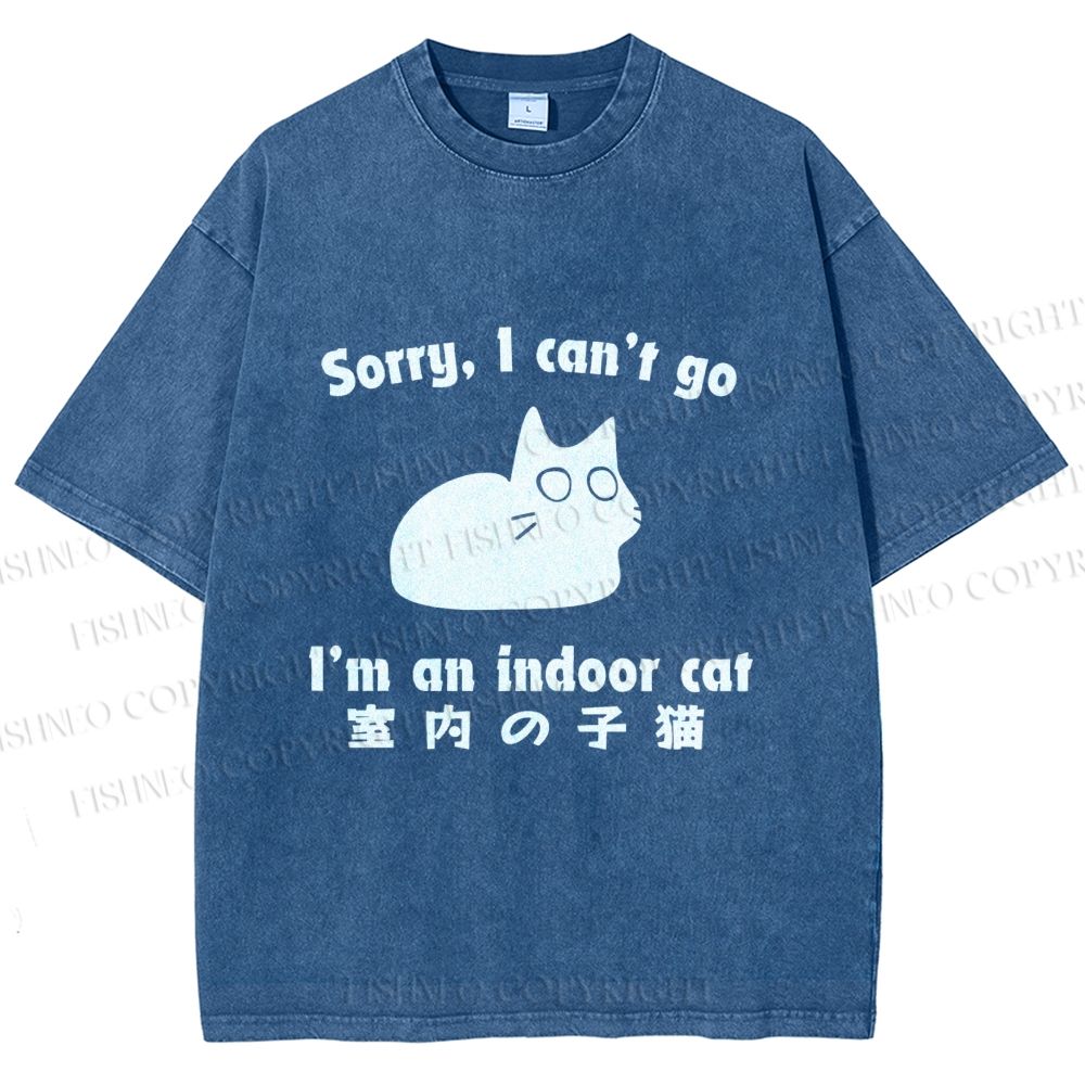 Unisex Japanese Funny Cat I Can not Go Printed Washed Tee