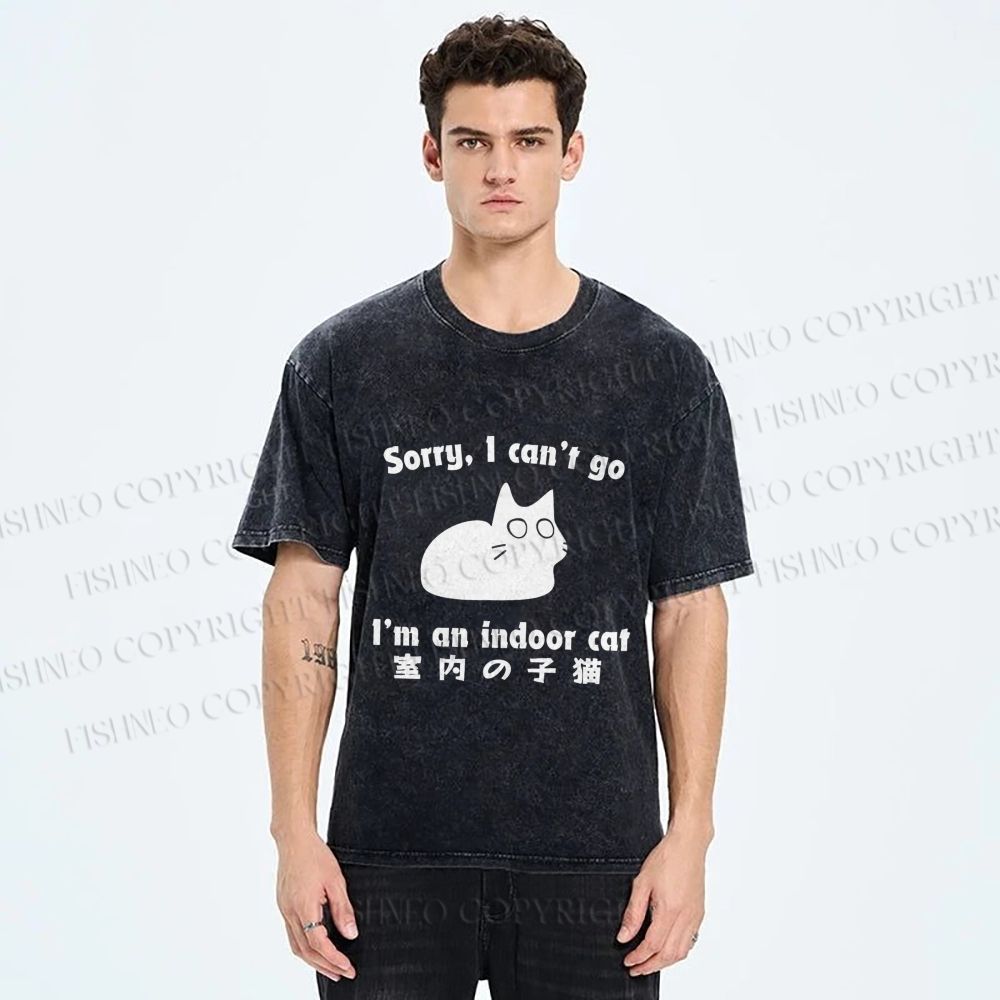 Unisex Japanese Funny Cat I Can not Go Printed Washed Tee