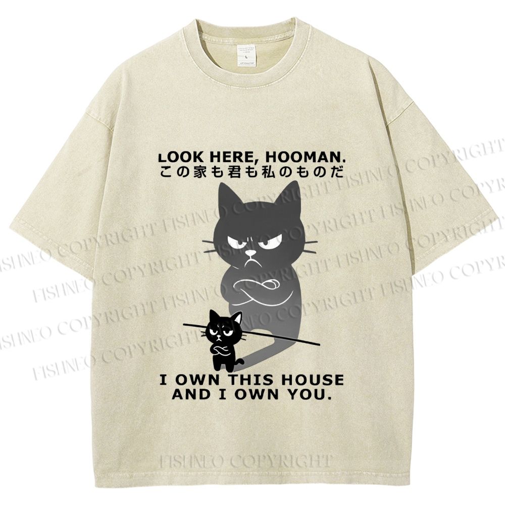 Unisex Japanese Funny Cat Owns Everything Printed Washed Tee
