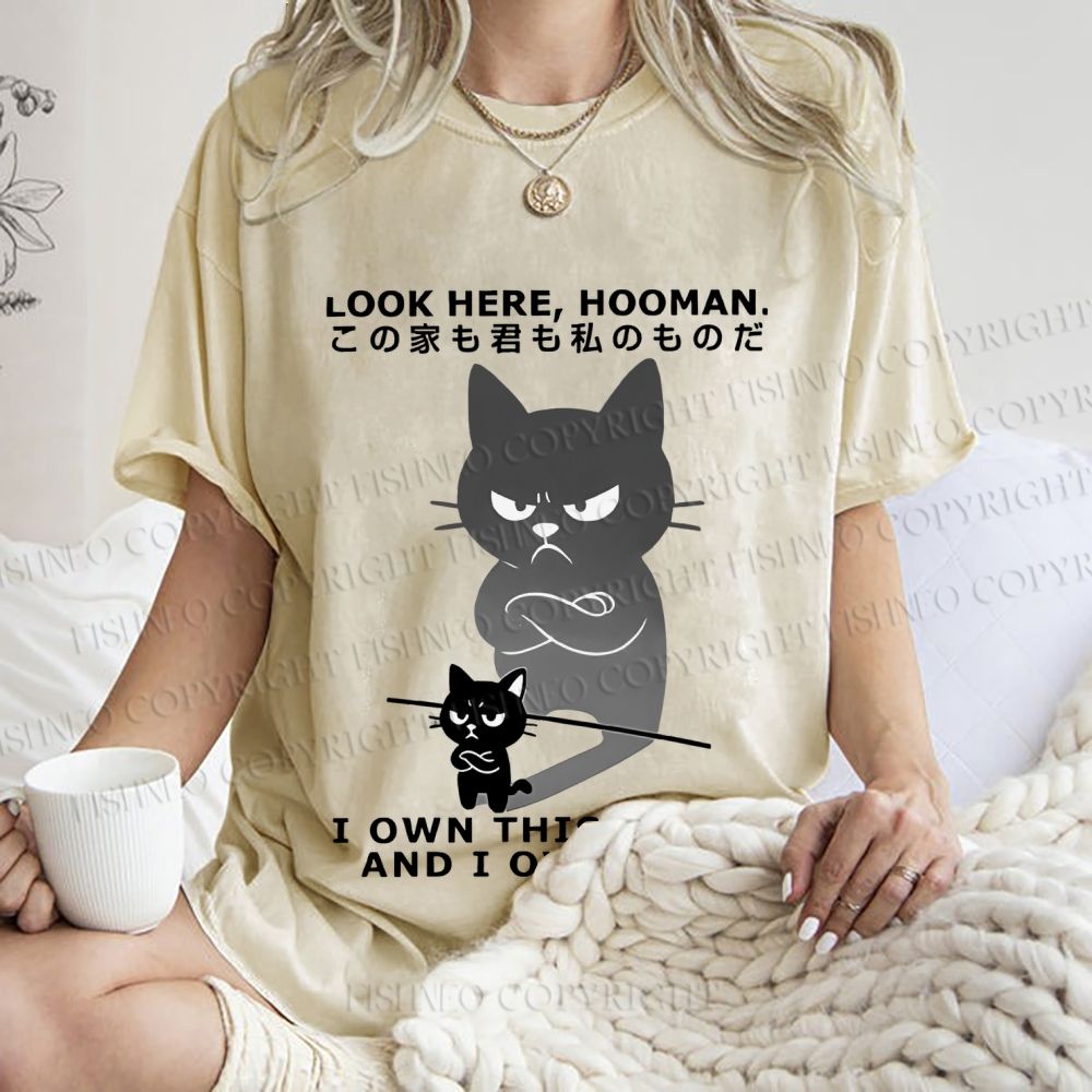 Unisex Japanese Funny Cat Owns Everything Printed Washed Tee