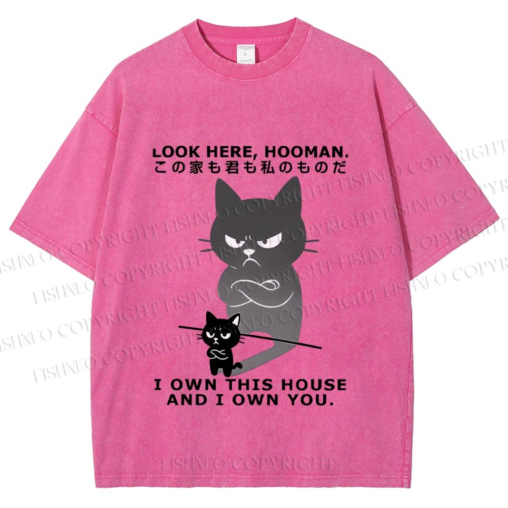 Unisex Japanese Funny Cat Owns Everything Printed Washed Tee