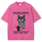 Unisex Japanese Funny Cat Owns Everything Printed Washed Tee