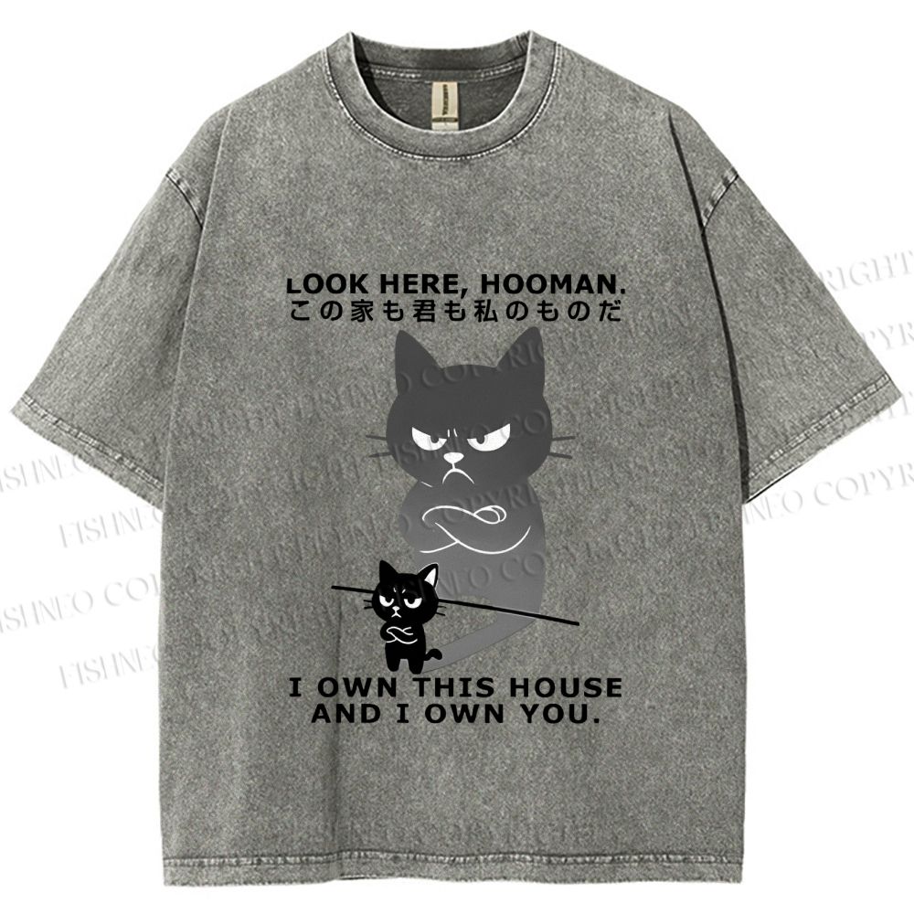 Unisex Japanese Funny Cat Owns Everything Printed Washed Tee
