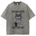 Unisex Japanese Funny Cat Owns Everything Printed Washed Tee