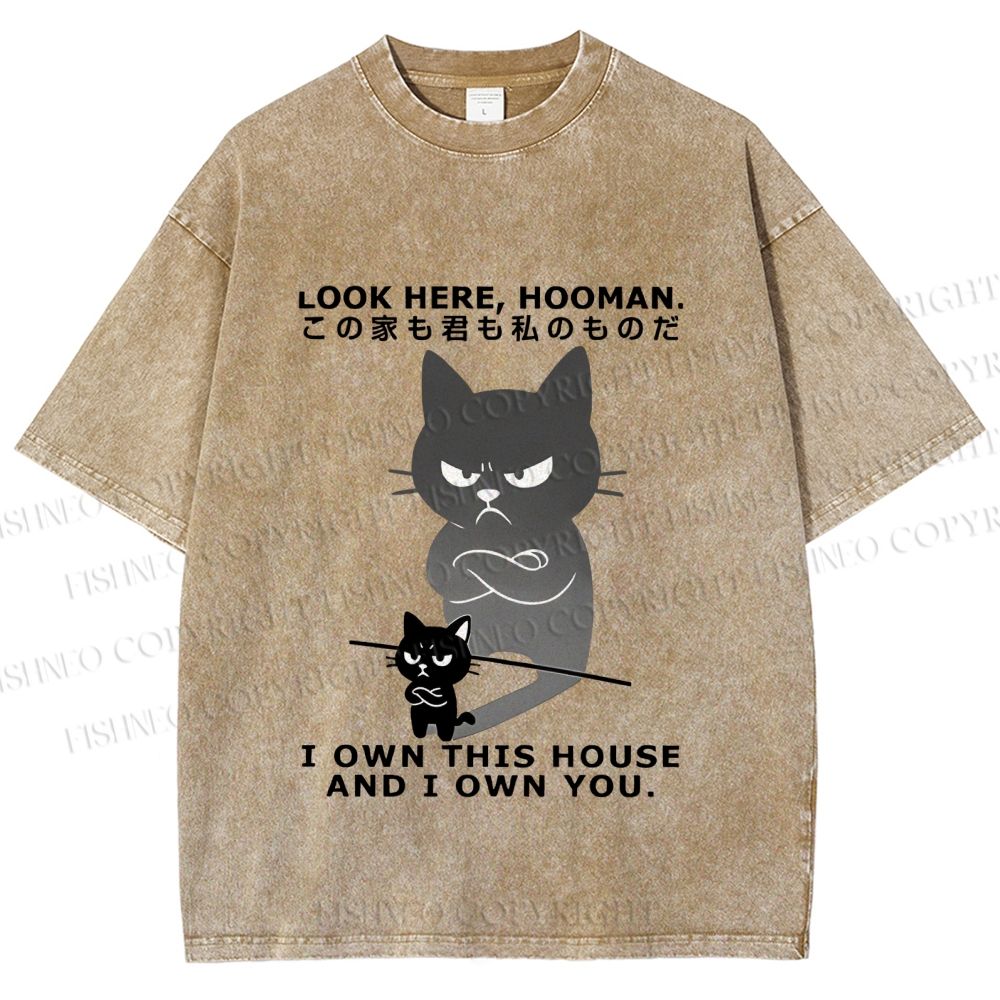 Unisex Japanese Funny Cat Owns Everything Printed Washed Tee