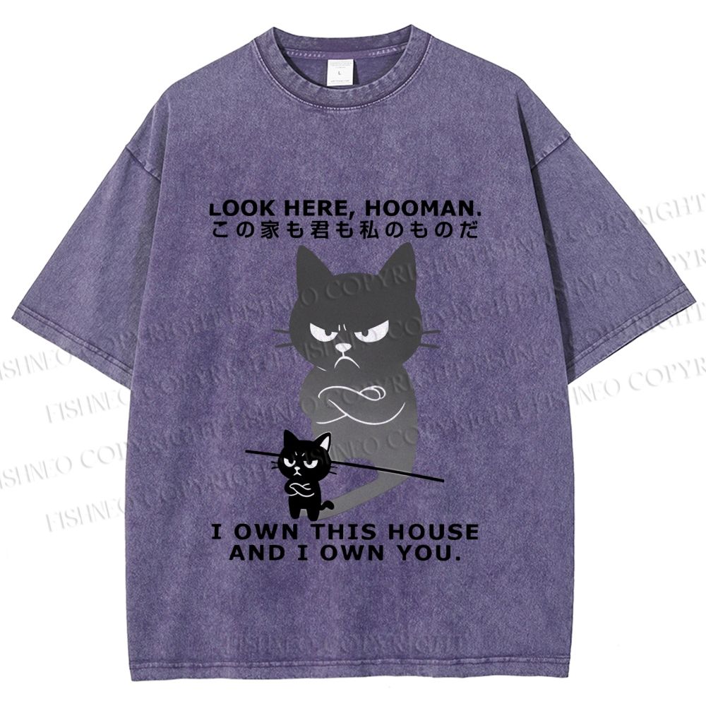 Unisex Japanese Funny Cat Owns Everything Printed Washed Tee