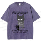 Unisex Japanese Funny Cat Owns Everything Printed Washed Tee