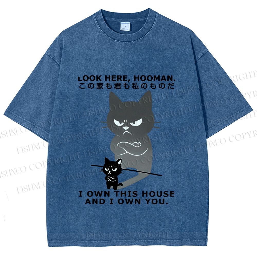 Unisex Japanese Funny Cat Owns Everything Printed Washed Tee