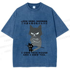 Unisex Japanese Funny Cat Owns Everything Printed Washed Tee