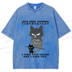 Unisex Japanese Funny Cat Owns Everything Printed Washed Tee