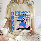 Unisex Japanese Vintage Funny Blue Duck Printed Washed Tee