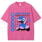 Unisex Japanese Vintage Funny Blue Duck Printed Washed Tee