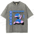 Unisex Japanese Vintage Funny Blue Duck Printed Washed Tee